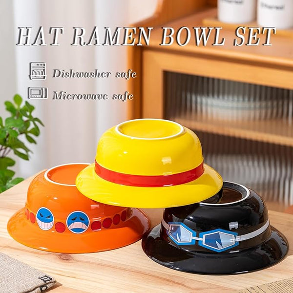 one piece Straw Hat Ramen Bowl (Ceramic Bowl + Wooden Spoon + Chopsticks) for Anime Fans