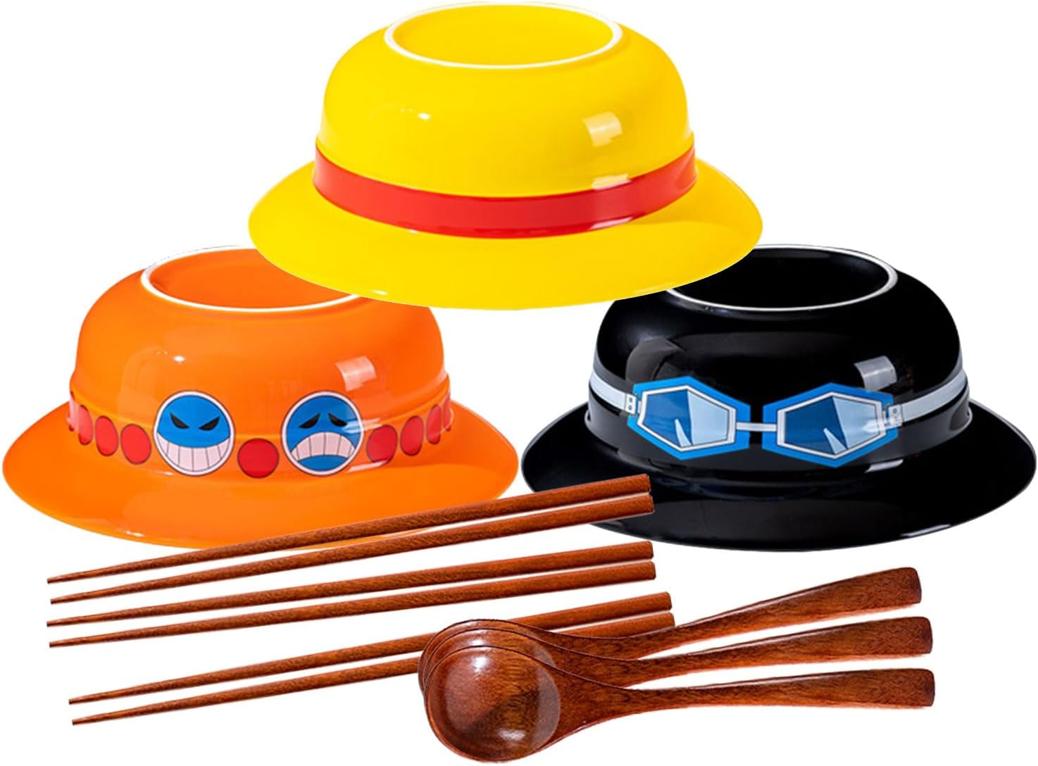 Straw Hat Ramen Bowl Set (3 PCS - Ceramic Bowl + Wooden Spoon + Chopsticks) for Anime Fans