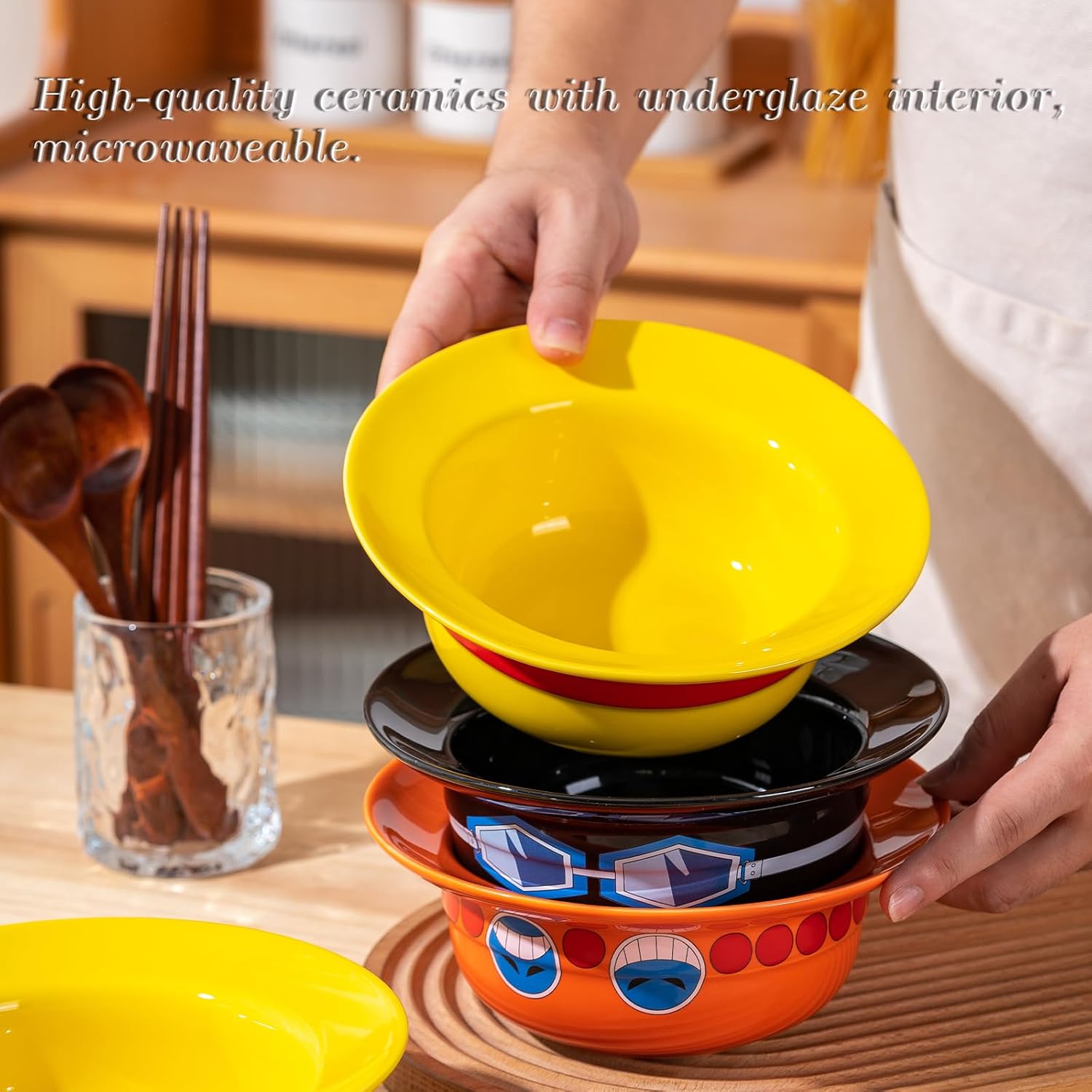 Straw Hat Ramen Bowl Set (3 PCS - Ceramic Bowl + Wooden Spoon + Chopsticks) for Anime Fans