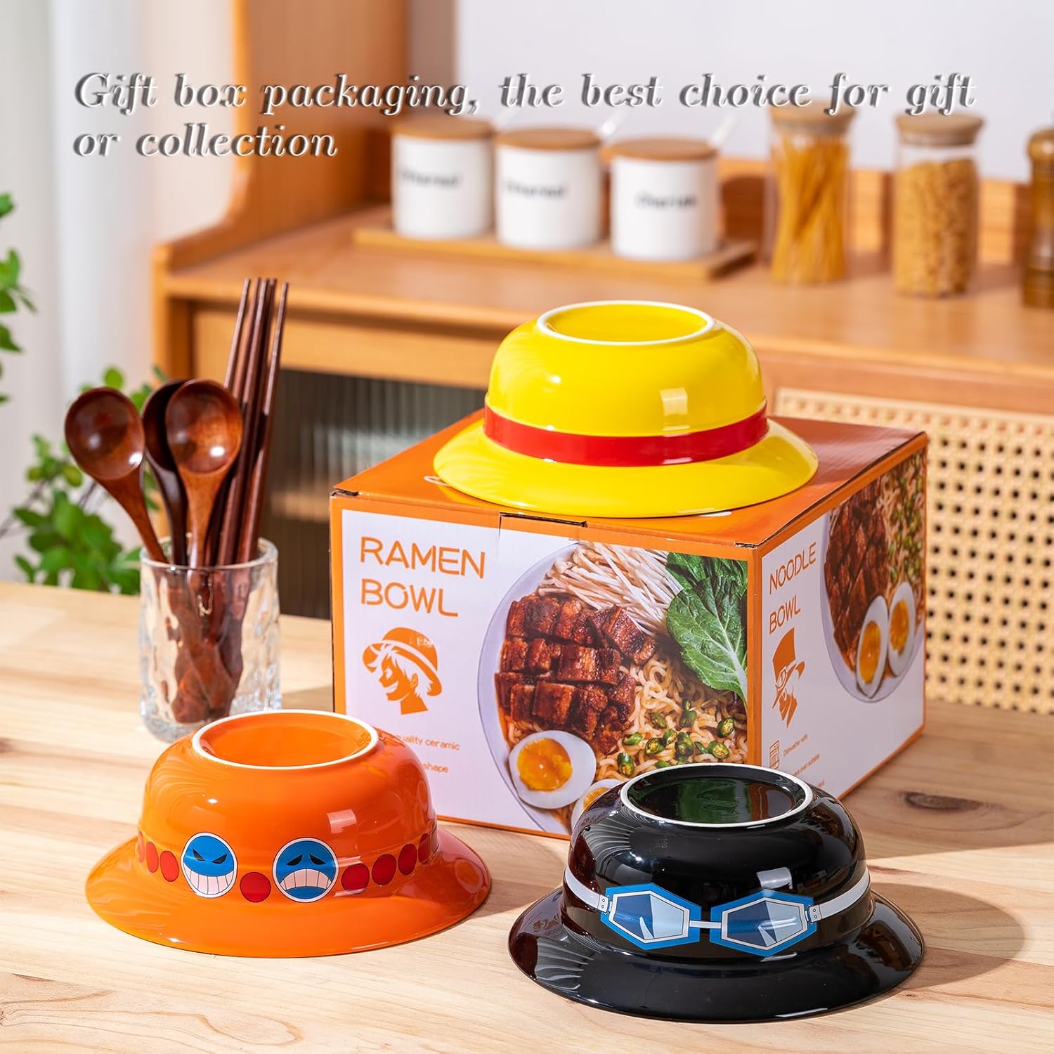 Straw Hat Ramen Bowl Set (3 PCS - Ceramic Bowl + Wooden Spoon + Chopsticks) for Anime Fans