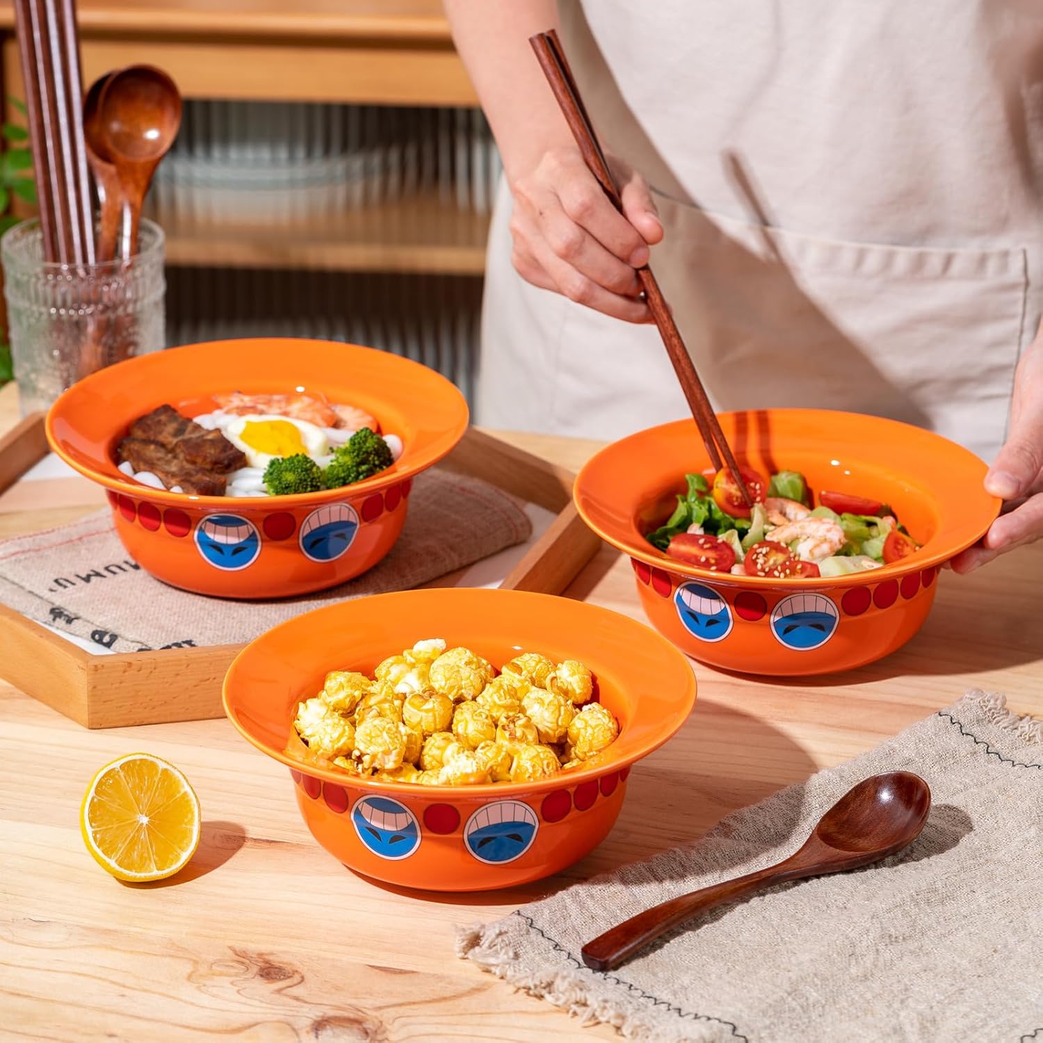 FIRE FIST ACE Straw Hat Ramen Bowl (Ceramic Bowl + Wooden Spoon + Chopsticks) for Anime Fans