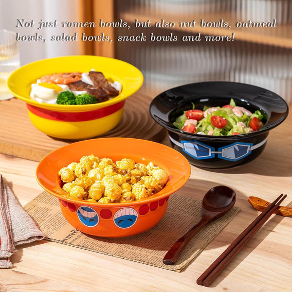 Straw Hat Ramen Bowl Set (3 PCS - Ceramic Bowl + Wooden Spoon + Chopsticks) for Anime Fans
